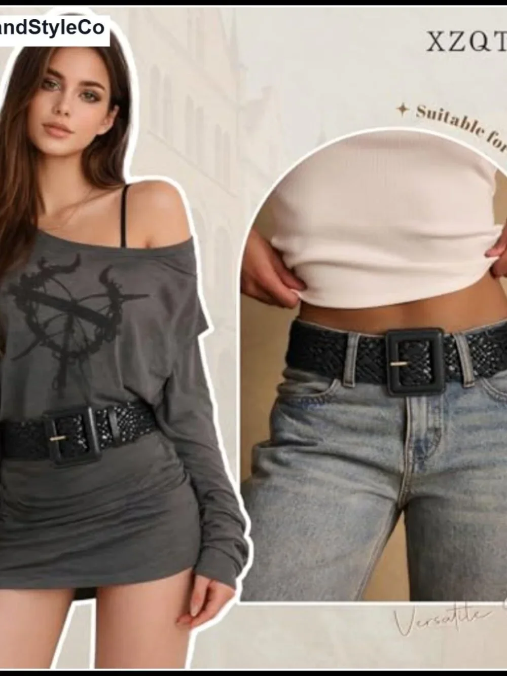 Wide Braided Leather Belt for Dresses with Square Buckle Adjustable Woven